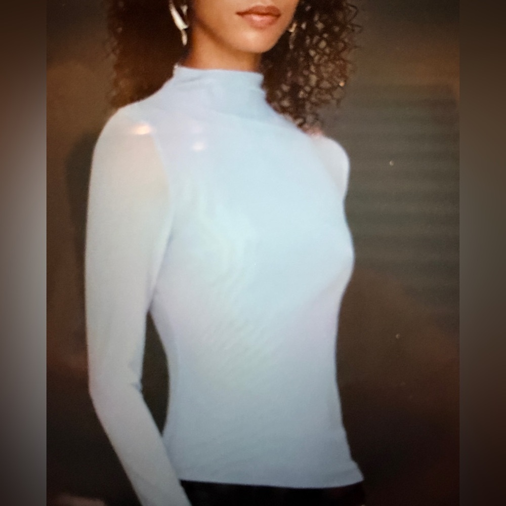 Elegant Mesh Mockneck,Light Blue, Long Sleeve Top